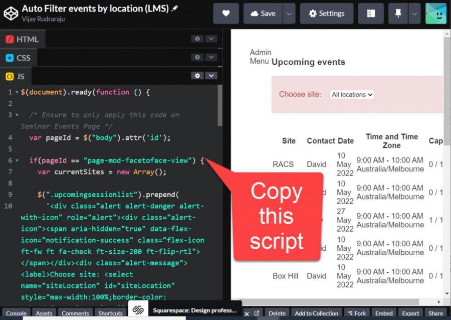 Codepen editor with JS tab showing the JavaScript that you need to copy 