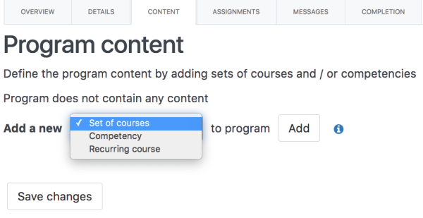 Program content screen - Add a set of courses and define the flow