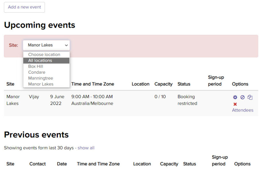 Demo of the dynamic Site filter showing that it allows users to view events just for the selected location