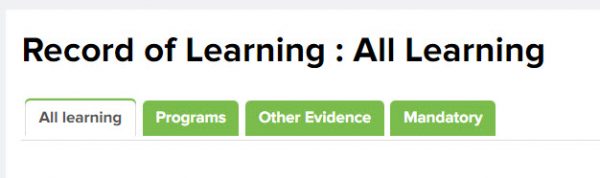 Typical Record of Learning page showing the tabs for: All learning, Programs, Certifications and Other Evidence