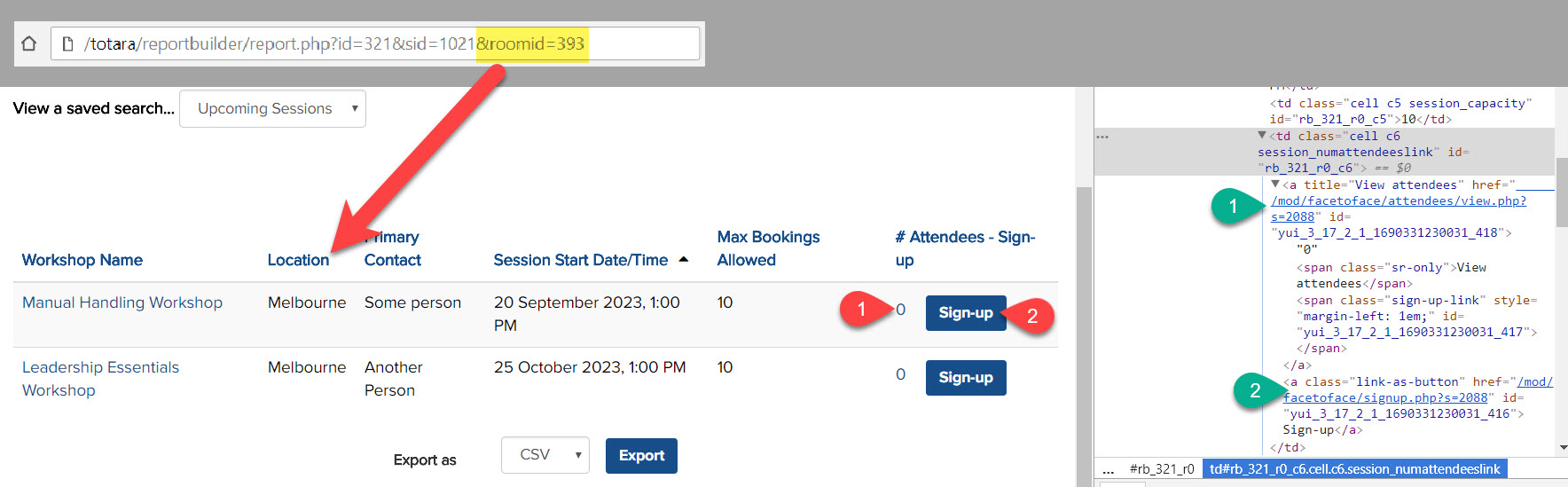 Room ID from the URL filters the report and only shows events fro that room. Our code modifies the No of Attendees link to create a sign-up button.